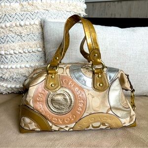 COACH Ashley Khaki Gold Silver Patchwork Satchel Shoulder Handbag